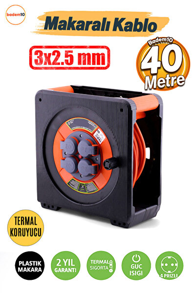 Badem10 Termal Sigortalı Seyyar CCA 3x2.5 mm 40 Mt Makaralı Uzatma Kablosu Pl...
