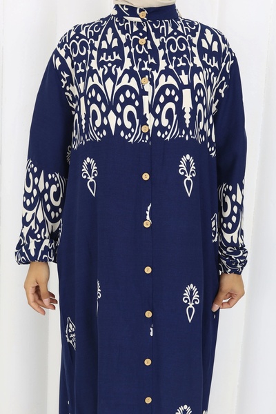 MSK Fashion Buttoned All-Over Ethnic Pattern Dress Navy Blue
