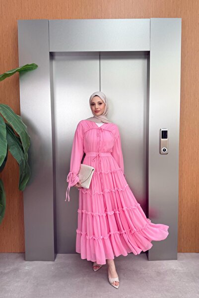 QUQA V Yaka Güpürlü Şİfon Elbise - Pembe