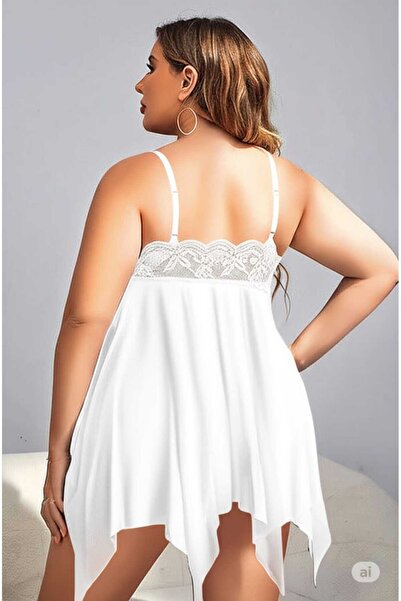 ANWELLA Plus Size Lace Detailed Chiffon Nightgown Set Tanga Included Black White Red