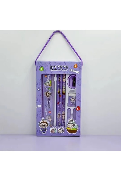 synshop Labubu Mor Kırtasiye Seti 3Adet Kurşun Kalem Ve Başlığı Kalemtraş Sil...