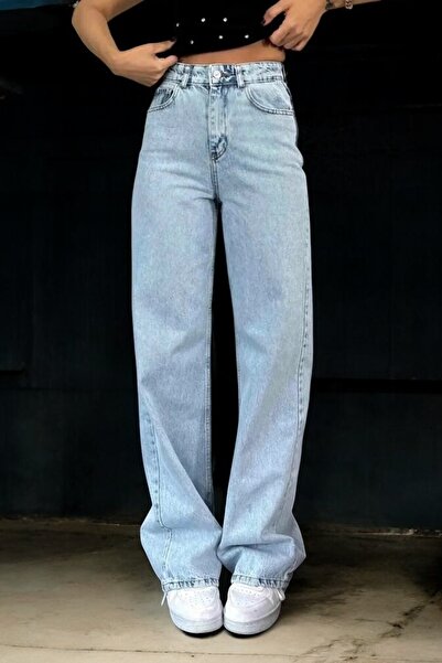 byhaziran butik Women's Snow Washed High Waist Comfortable Denim Fabric Wide ...