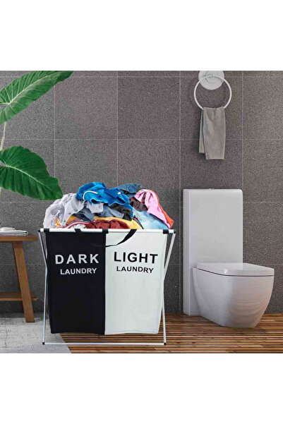 Blasko Foldable laundry basket with 2 compartments, aluminum frame, white/black, 55x41x60 cm