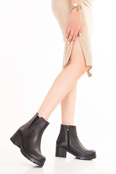 Gondol Hakiki Deri Kısa Bilek Kısmı Lastikli Günlük Rahat Bot Benita Siyah