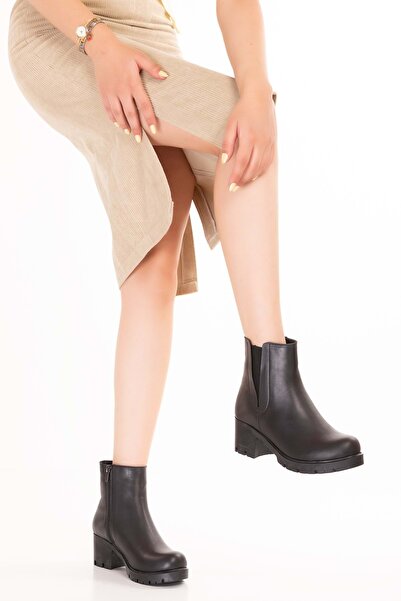 Gondol Hakiki Deri Kısa Bilek Kısmı Lastikli Günlük Rahat Bot Benita Siyah