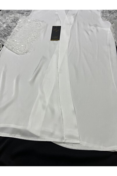 Juwana Women's Chiffon Satin White Lace Detailed Kimono Dressing Gown – Belted and Elegant