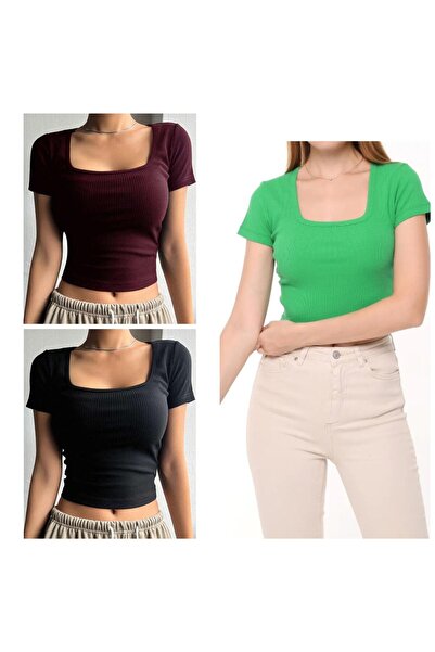 MİLYA&GYM Pachet de 3 tricouri crop cu guler pătrat, tip camisole, cu croială...