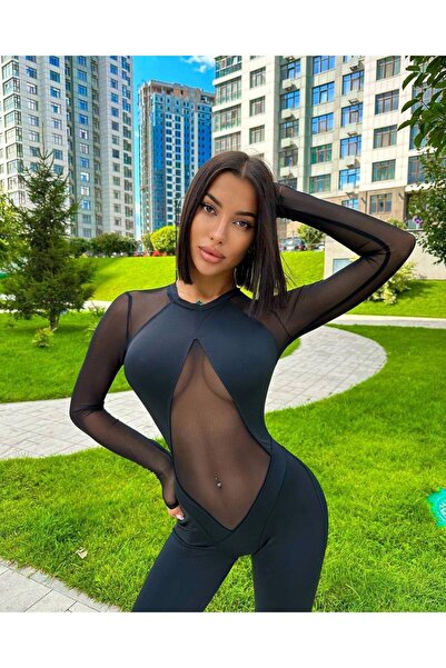 LAST POİNT PARTS Women's Tulle Detailed Long Sleeve Jumpsuit