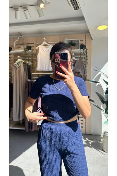 floral fashıon Bubble Knitted Fabric Women's Casual Wear Set with Lace-Up Sides