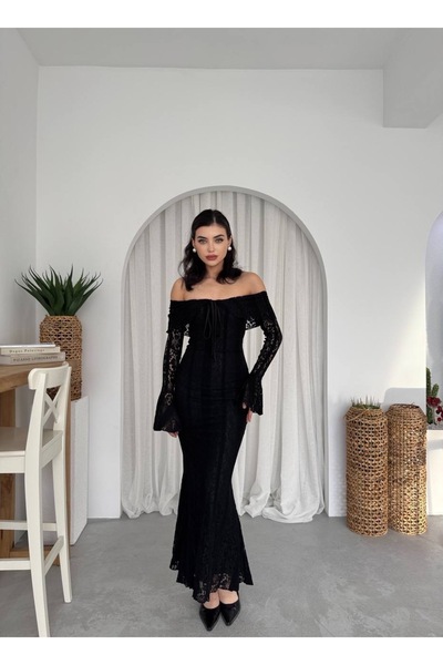 EtikaOnline Lumina Dantel Kumaş Açık Omuz Uzun Elbise