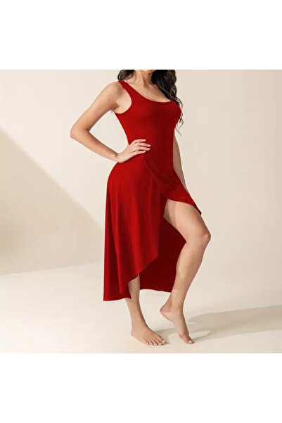 CARABO MODA Lycra Midi-Length Dress with Deep Slit, Featuring Thick Straps, Open Neckline, and Pockets.