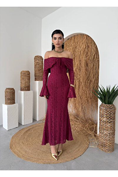 EtikaOnline Lumina Dantel Kumaş Açık Omuz Uzun Elbise