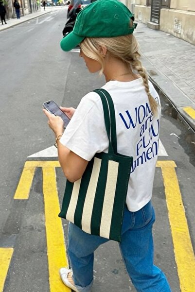 BAHELS Kadın Yeşil Stripes Örgü Tote Omuz Çantası