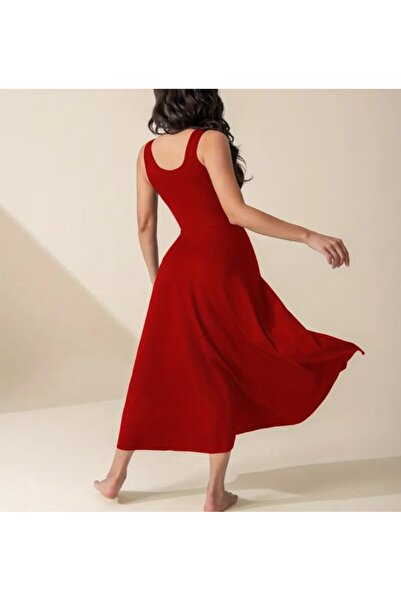 CARABO MODA Lycra Midi-Length Dress with Deep Slit, Featuring Thick Straps, Open Neckline, and Pockets.