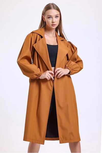 cottonage Women's Double Pocket Balloon Sleeve Belted Trench Coat