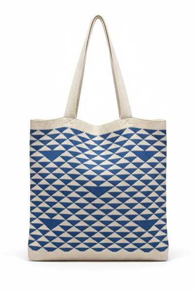 BAHELS Women's Blue Mosaic Knitted Tote Shoulder Bag