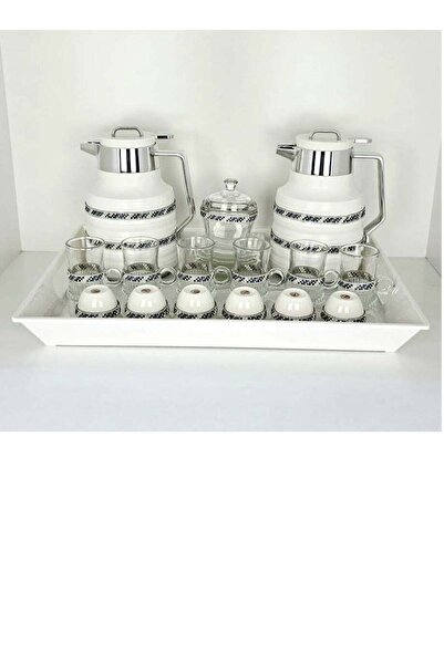 Radin Damanhoor 22Piece Arabic Tea & Coffee Set Elegant Silver Design with Thermoses Glass Cups & Tray 12