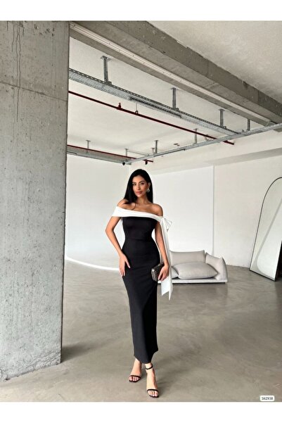 ESSE BUTİK Rochie de damă Madonna Guler Skuba Crepe Fabric Ribbon Detaliu