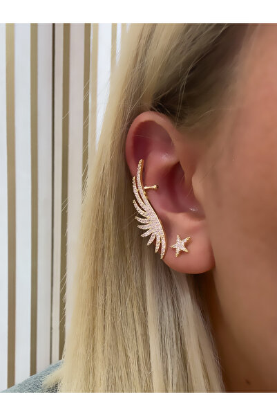Hicrans Takı TAŞLI MELEK KANATLI EAR CUFF KIKIRDAK VE YILDIZ KÜPE MODEL TASARIM KÜPE