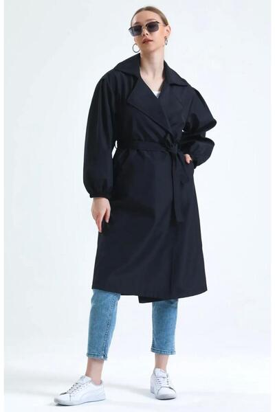 cottonage Women's Double Pocket Balloon Sleeve Belted Trench Coat