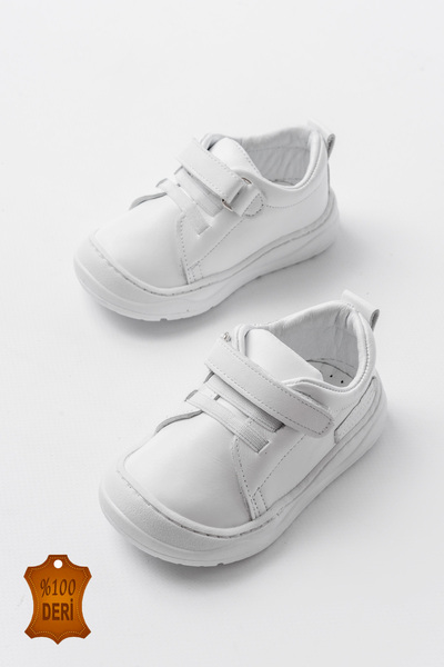 lina step White Genuine Leather Orthopedic Sole Stitched Velcro Unisex Baby First Step Shoes