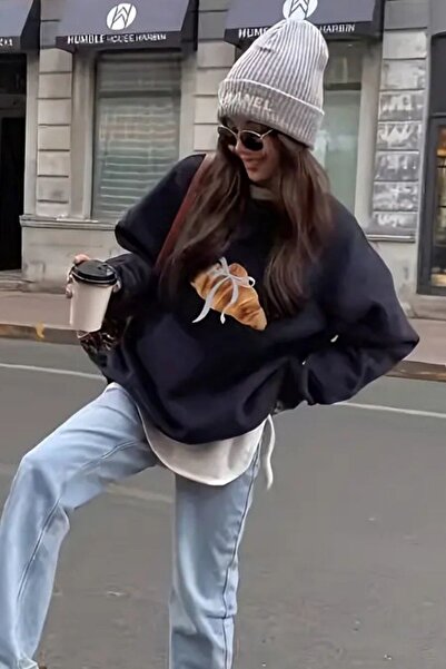 The Champ Clothing Γυναικείο φούτερ Oversize με στάμπα κροαστιού με κορδέλα σε μπλε χρώμα – λαιμόκοψη, 3-κλωνο φλις