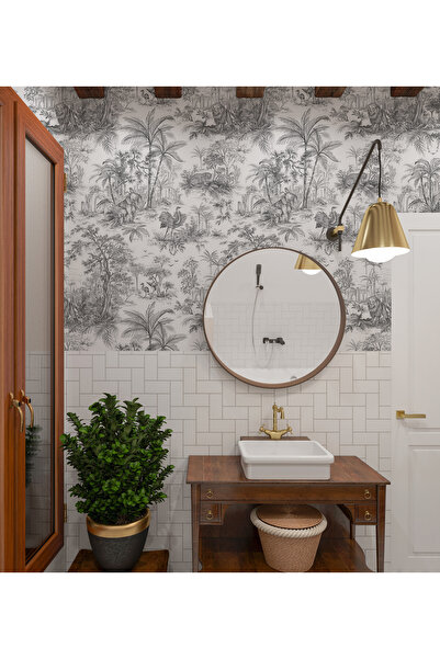 Tasarım Tropikal Hayvanlar ve Ağaçlar Minimal Siyah Beyaz Duvar Kağıdı