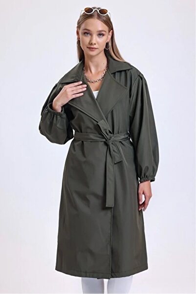 cottonage Women's Double Pocket Balloon Sleeve Belted Trench Coat