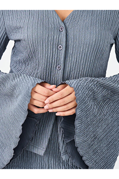 Styli Textured Flared Sleeve Shirt and Pyjama Set