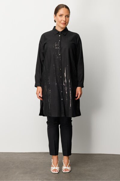 Moda İlgi Modailgi Cep Kapaklı Pul Nakış Detaylı Tunik Siyah