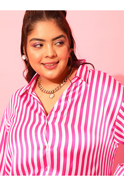 CURVY STREET By Styli Plus Striped Satin Shirt
