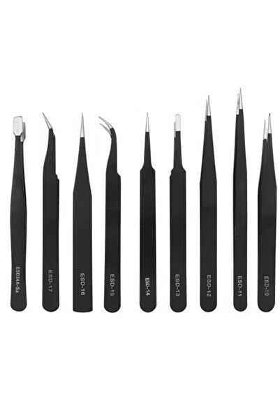 Powermaster PM-26646 Esd 9in1 مجموعة ملاقط إصلاح من الفولاذ المقاوم للصدأ الدقيقة المقاومة للكهرباء الساكنة