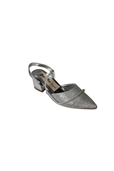 Yaz Kış Ayakkabı Yazkish Women's Silver Black Stone 6cm Thick Heeled Evening Dress Shoes