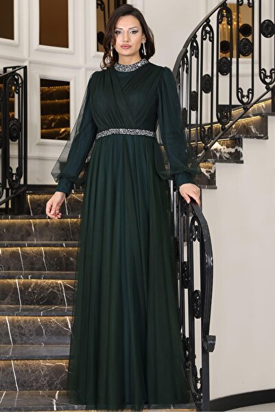 Aynur Tesettür فستان سهرة محتشم من نرجيز، فستان سهرة محتشم من قماش التول، فست...