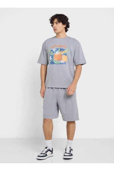 ACTIVE MODA Vitamin C Printed Cotton Oversize T-Shirt Shorts 2-Piece Set Plus Size
