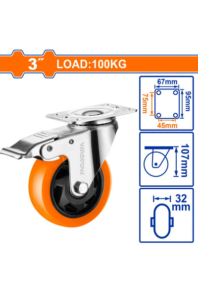WADFOW عجل عربة صناعي 75مم بفرامل (برتقالي) — WJL2333
