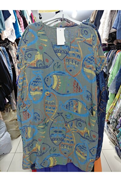 Tuana Otantik Bambu Keten İtalyan Balık Desen Kollu Elbise