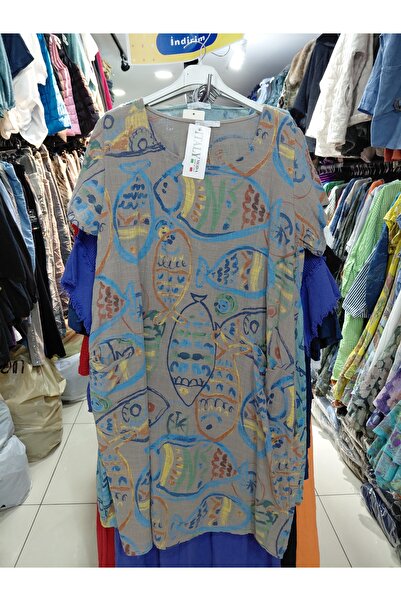 Tuana Otantik Bambu Keten İtalyan Balık Desen Kollu Elbise