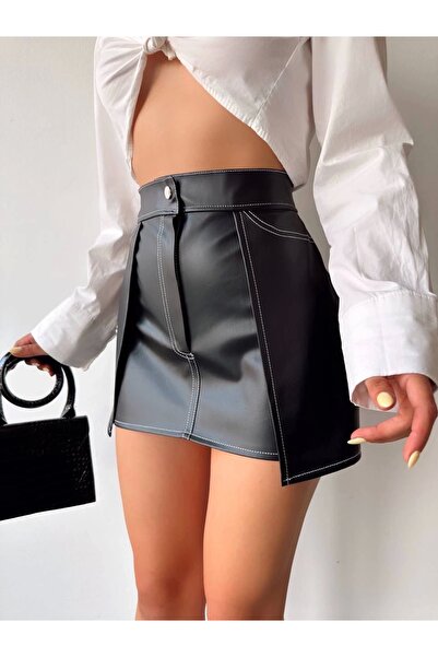 hibiscus Contrast leather skirt black w260015