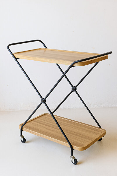 Living Two-Tier Wooden Serving Trolley with Black Metal Frame and Practical Wheels
