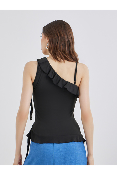 Take Two By Styli Solid Ruffled Detail Asymmetrical Neck Top