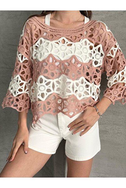 FioraWear Kadın Çiçek Motifli Örgü Detaylı Yazlık Üst