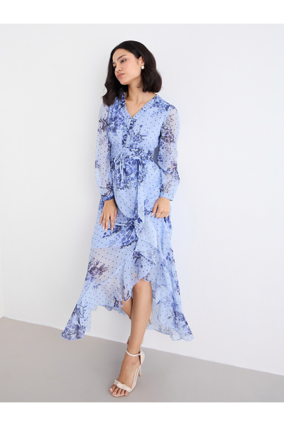 Styli Light Blue Floral Maxi Dress with Ruffle Edge