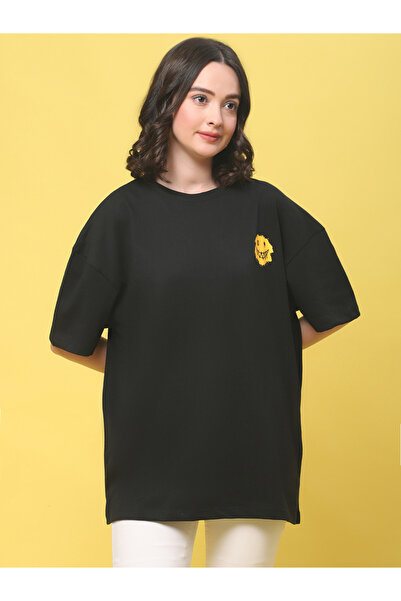 Door74 By Styli Women Black Oversized Graphic Print T-Shirt