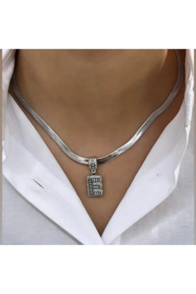 Çelik Silver E Harf Kolye 45 cm