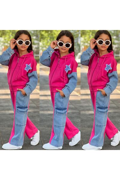 H&Z KİDS Girl's Denim Detail Style Suit