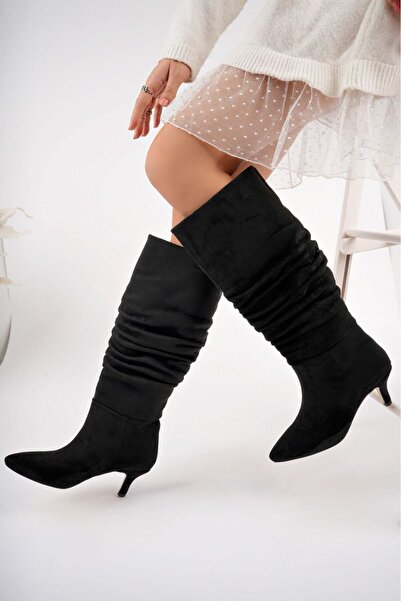 M&B COLLECT Semišové dámské boty, dámské černé boty s dlouhým tenkým podpatkem se stahovací šňůrkou, ležérní zimní boty se špičatou špičkou