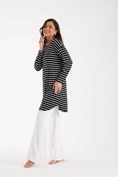 MODA VUSLAT Women's Long Sleeve Striped Black Tunic