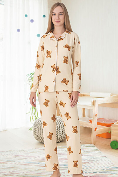 Zekalya Anne Kız Kombini (Ayrı Ayrı Satılır) Ayıcık Desenli Gömlek Yaka Pijama Takımı