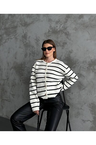 hiraz fashion Women's Ecru Striped Cardigan